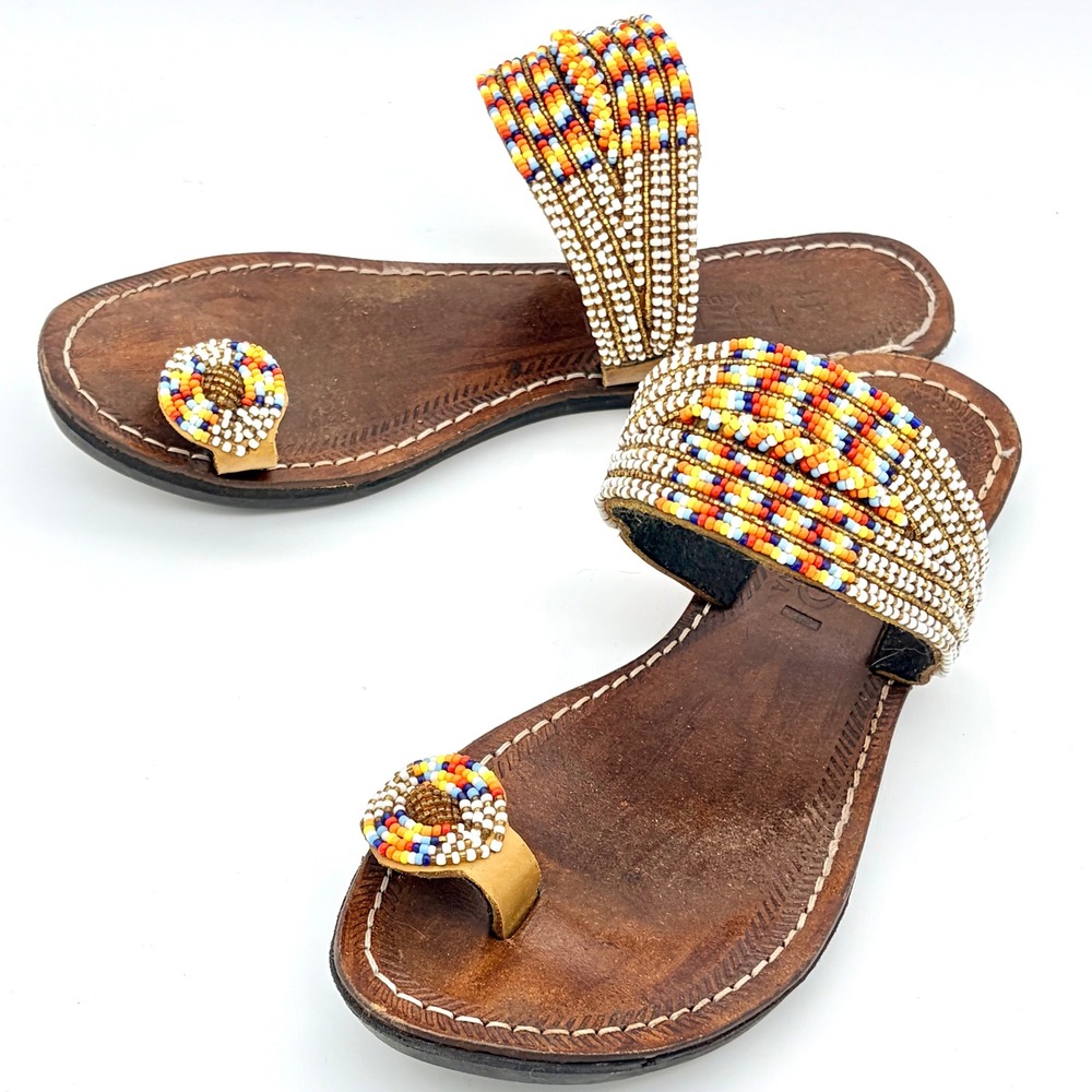 Beaded Leather Toe Loop Sandals Brown Multi Color Size 41 Made in Ghana Tribal